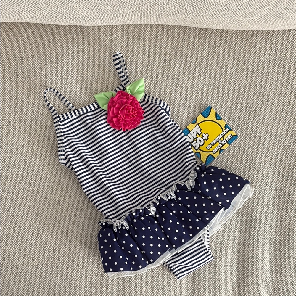 Little Me Stripe and Polka Dot Swimsuit with Floral Appliqué